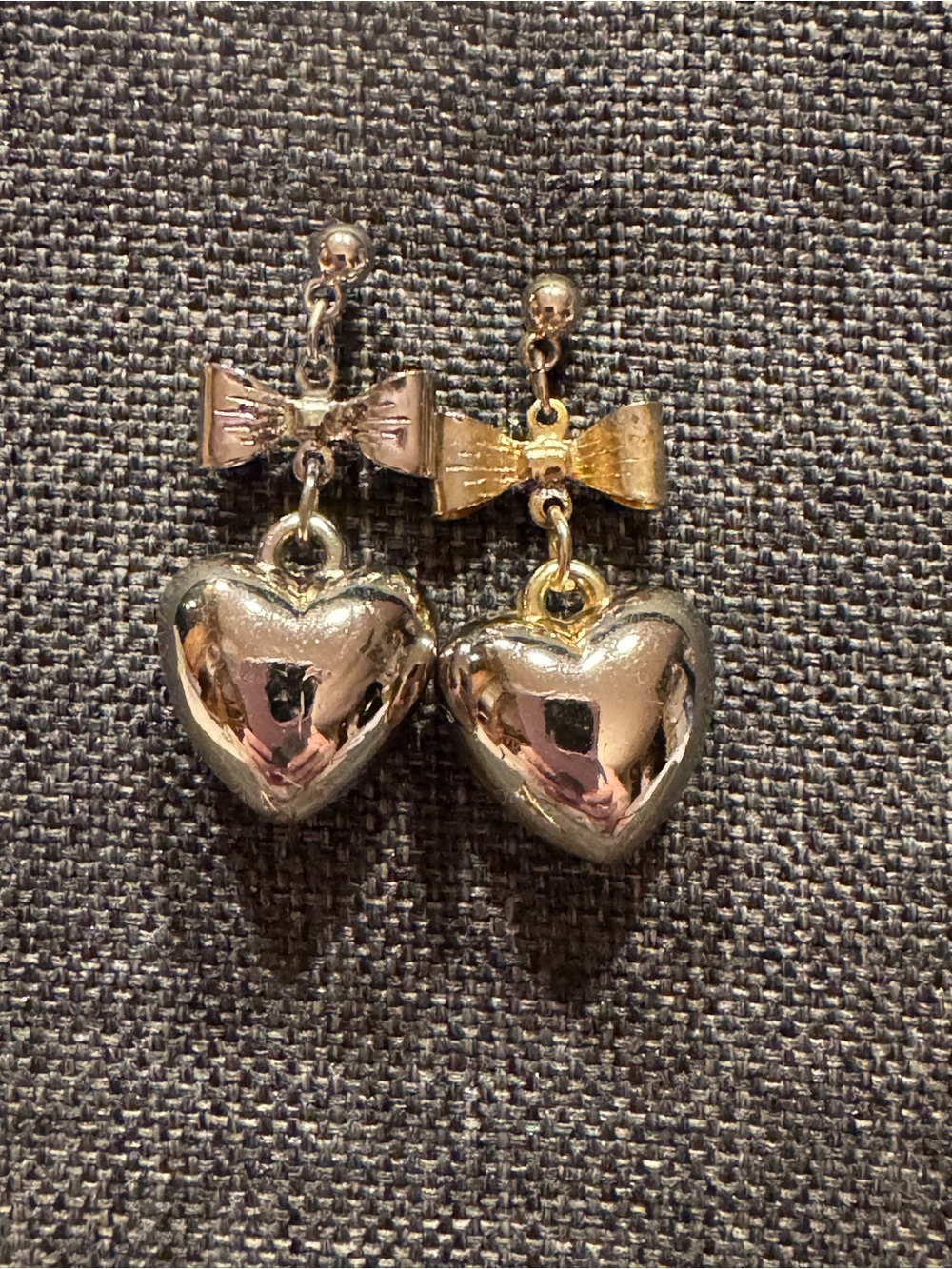 Silver Tone Bow & Puffed Heart Dangle Earrings